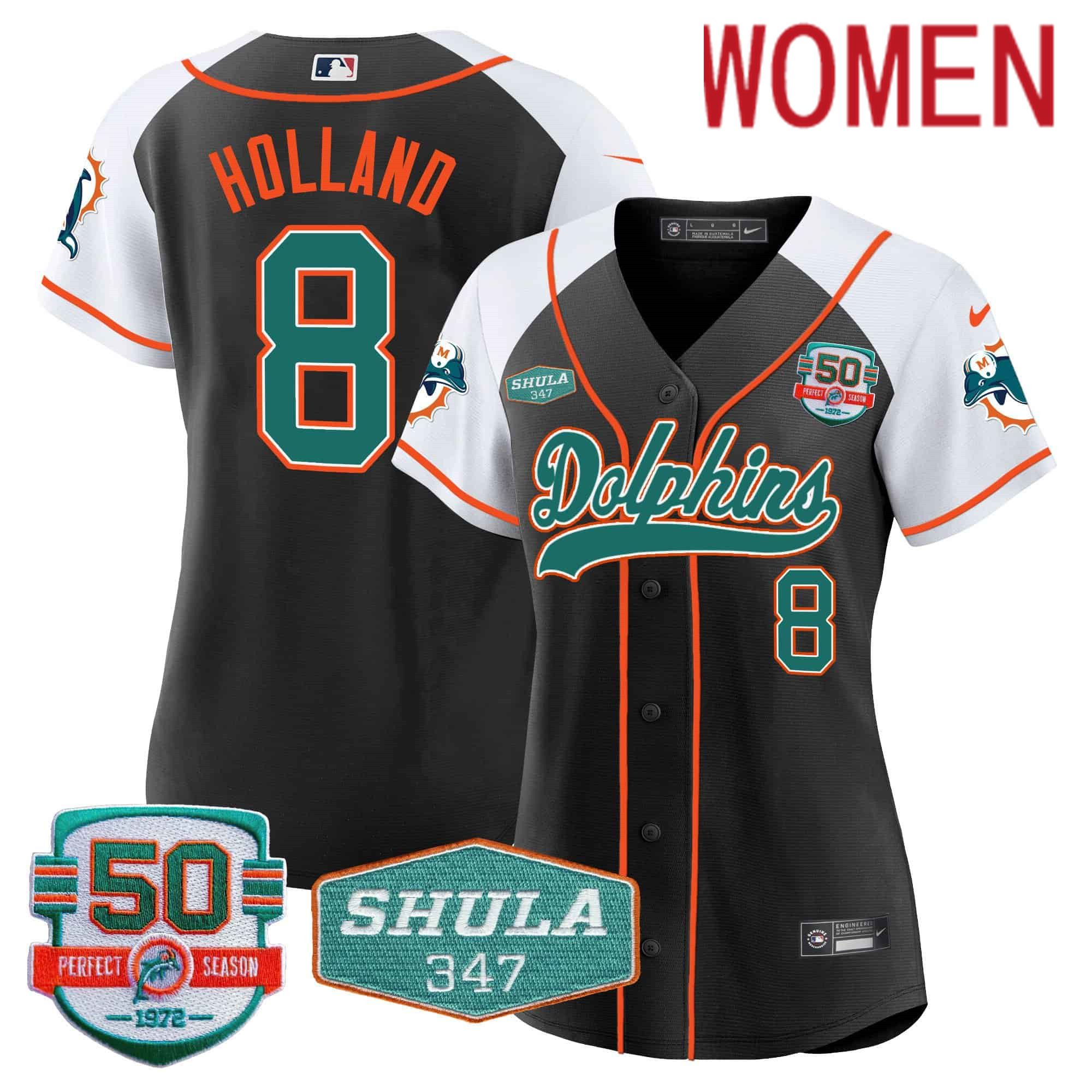 Women Miami Dolphins #8 Holland Black 2024 Nike 50th Don Shula Memorial Patch Baseball NFL Jersey->women nfl jersey->Women Jersey